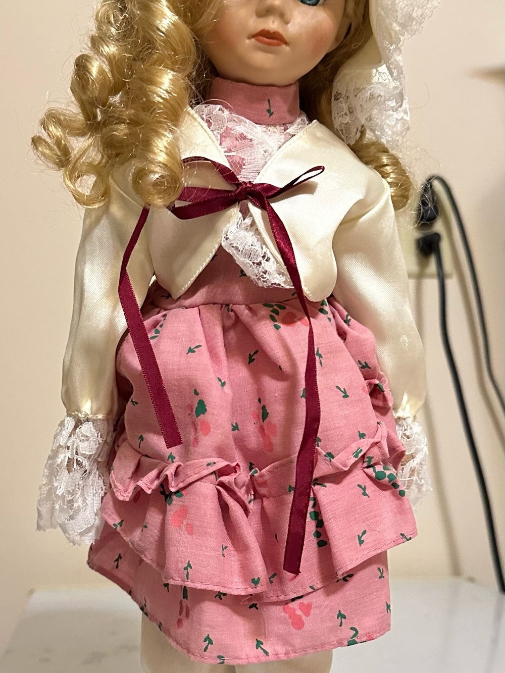 Classic Pink Floral Girl Doll with Cream Jacket and Lace Trim
